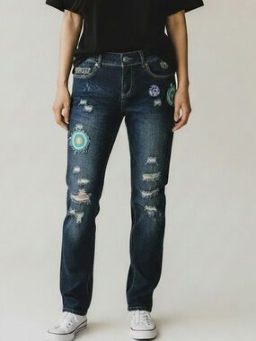 Desigual Distressed Boyfriend Fit Jeans Embroidered Patchwork Details Size 40